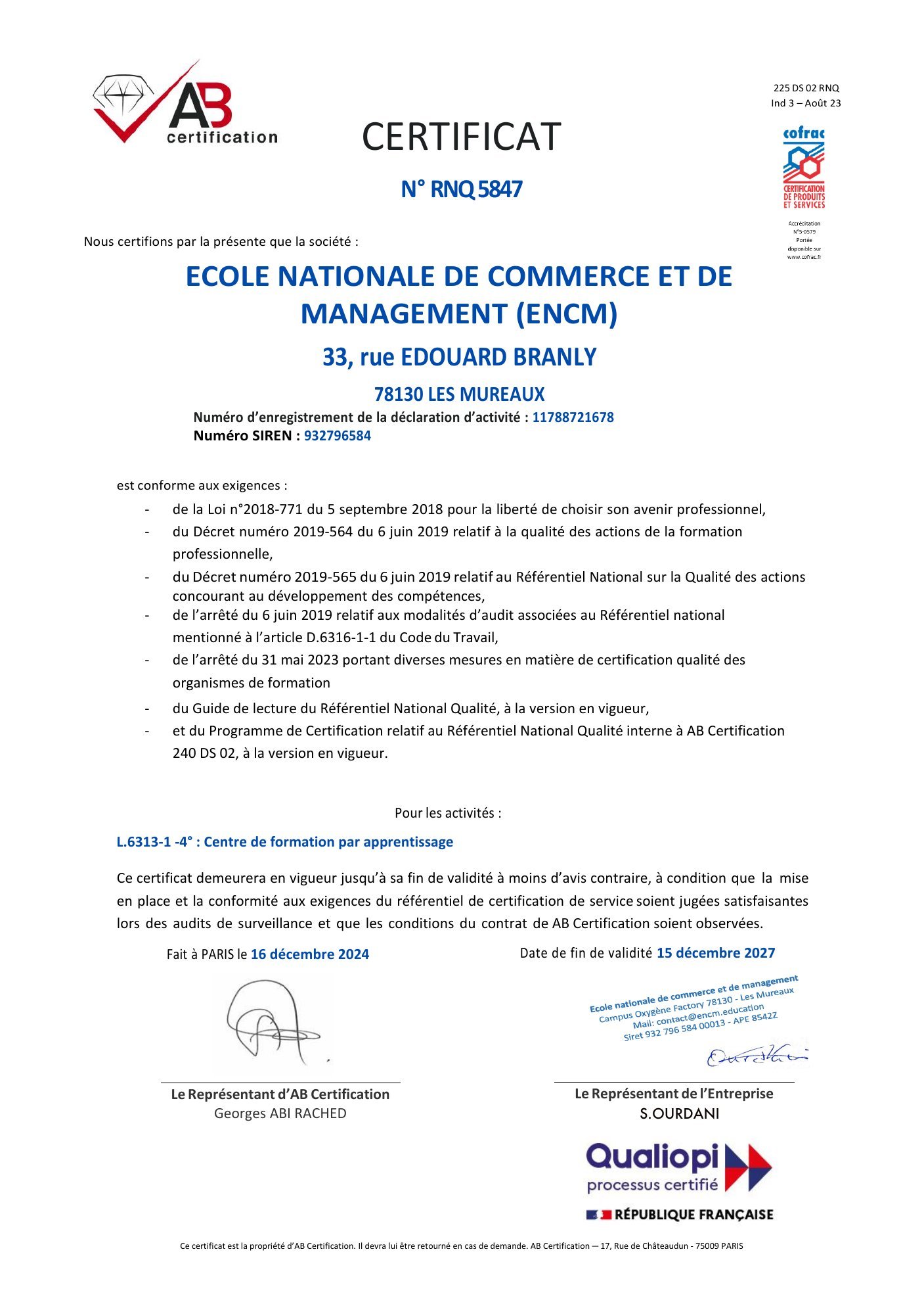Certificat Qualiopi n° RNQ 5847 délivré par AB Certification à l'École Nationale de Commerce et de Management (ENCM), valable jusqu'au 15 décembre 2027